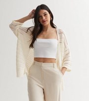 New Look Off White Knit 3/4 Sleeve Long Cardigan